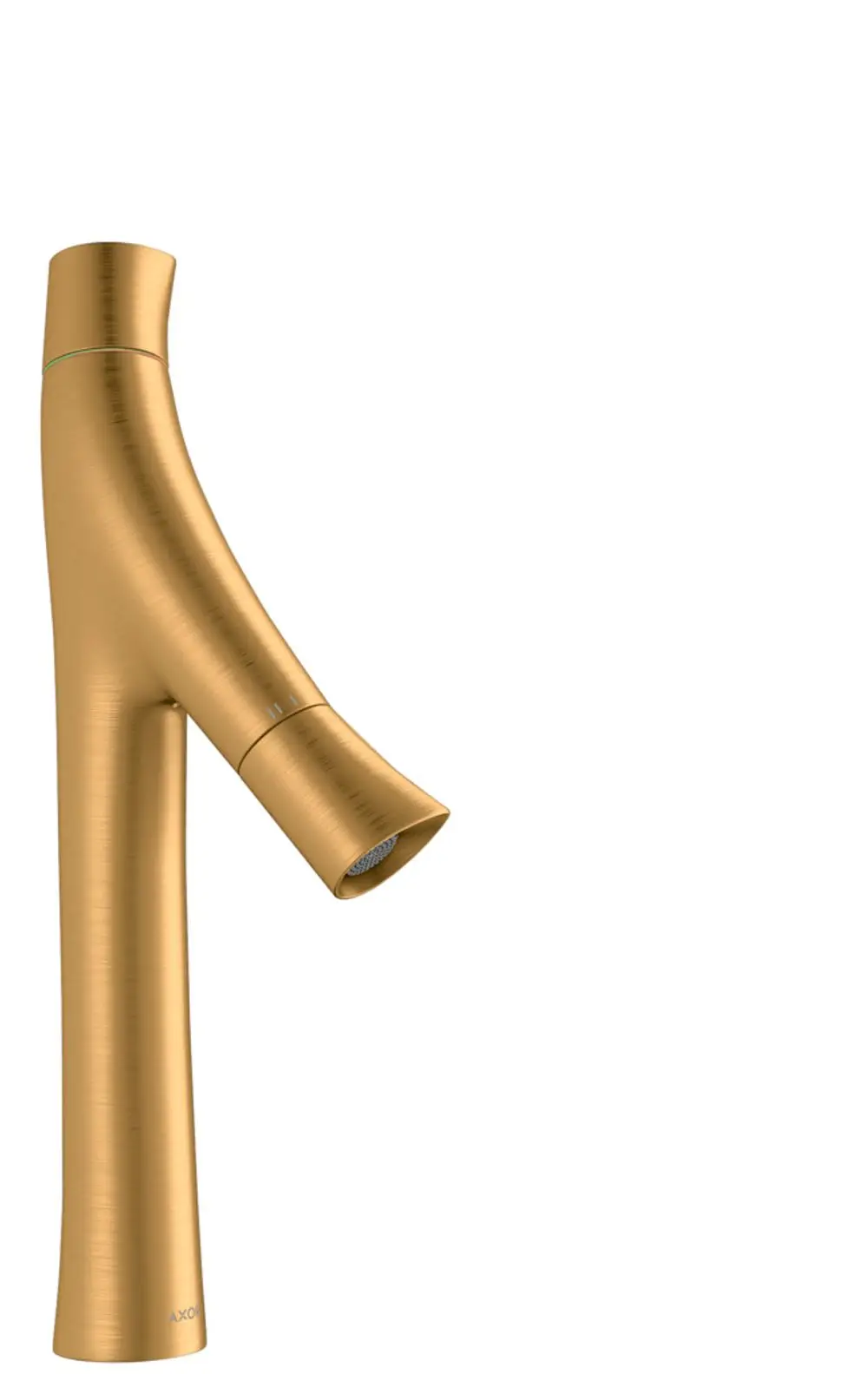Waschtischmischer von AXOR in gebürstetem Goldfinish, mit einem ausgefallenen, geschwungenen Design und einer Auslaufdüse, geeignet für Aufsatzwaschtische.